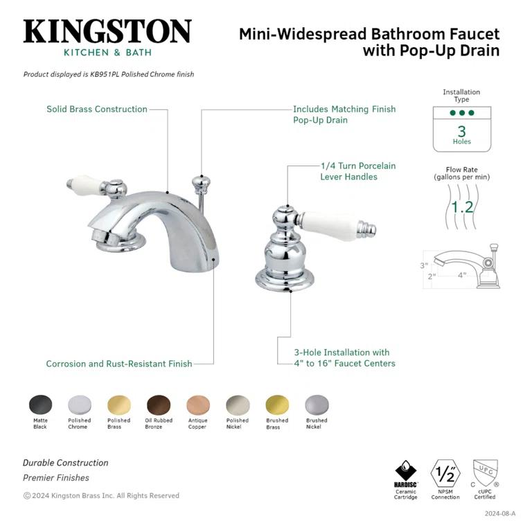 Kingston Brass Victorian Two-Handle 3-Hole Deck Mount Mini-Widespread Bathroom Faucet with Plastic Pop-Up