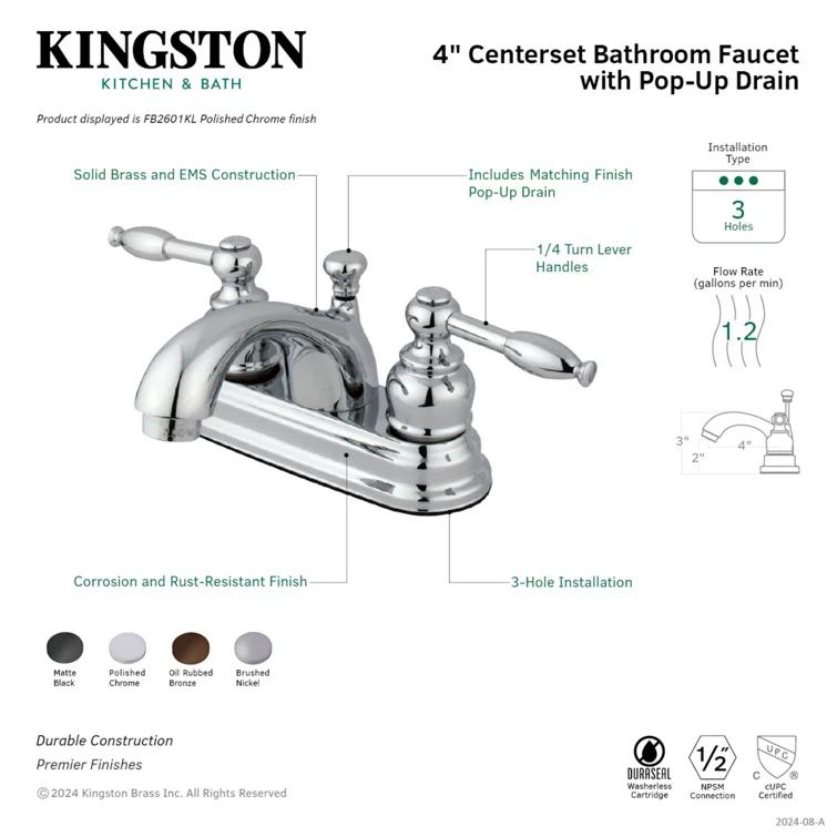 Kingston Brass Knight Two-Handle 3-Hole Deck Mount 4" Centerset Bathroom Faucet with Plastic Pop-Up