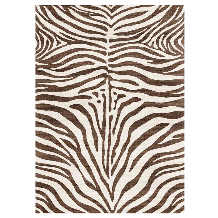 Gertmenian Crystal Print Zebra Modern Animal Print Brown Cream Washable Flat Pile Indoor Area Rug