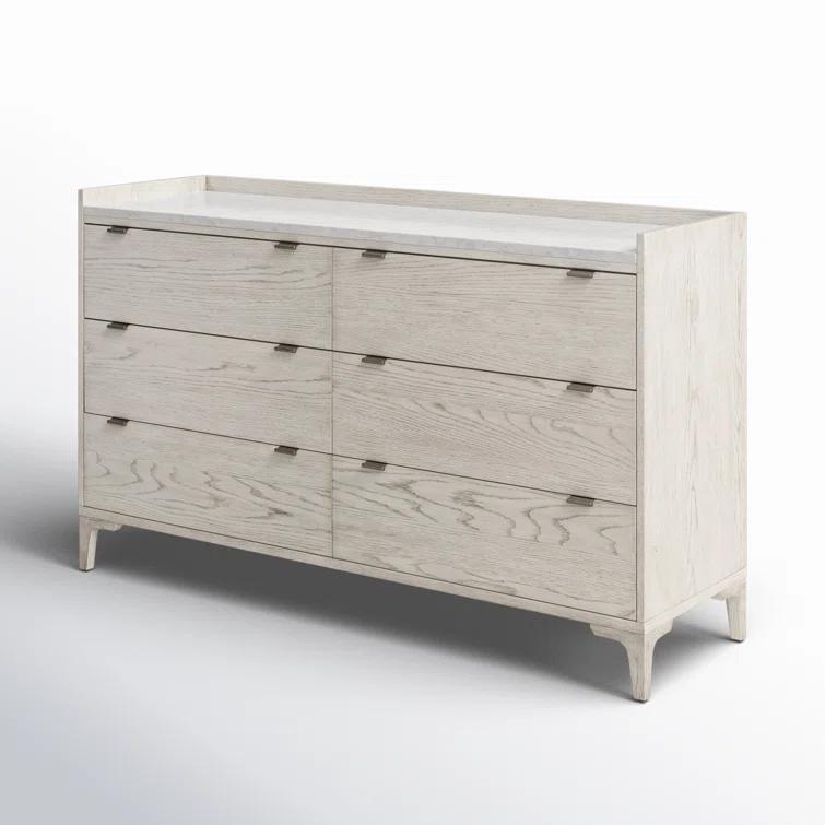 Elegant Vintage White Oak and Italian Marble 6-Drawer Dresser