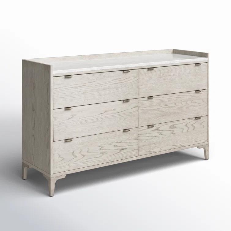 Elegant Vintage White Oak and Italian Marble 6-Drawer Dresser