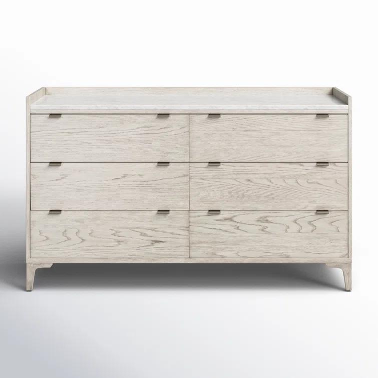 Elegant Vintage White Oak and Italian Marble 6-Drawer Dresser