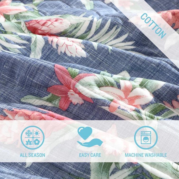 Eddie Bauer Tommy Bahama Floral Enchantment Cotton Reversible Blue Quilt Set