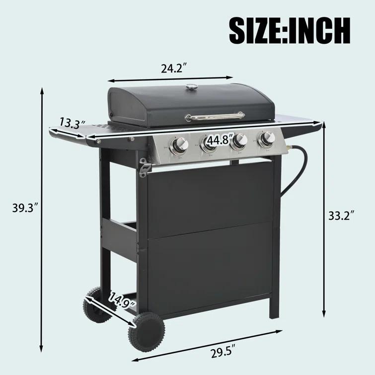 Propane Gas Grill 4 Burner Barbecue Grill, Stainless Steel 34,000 BTU Patio Garden Barbecue Grill With Two Shelves, Lid, Wheels And Bottle Opener