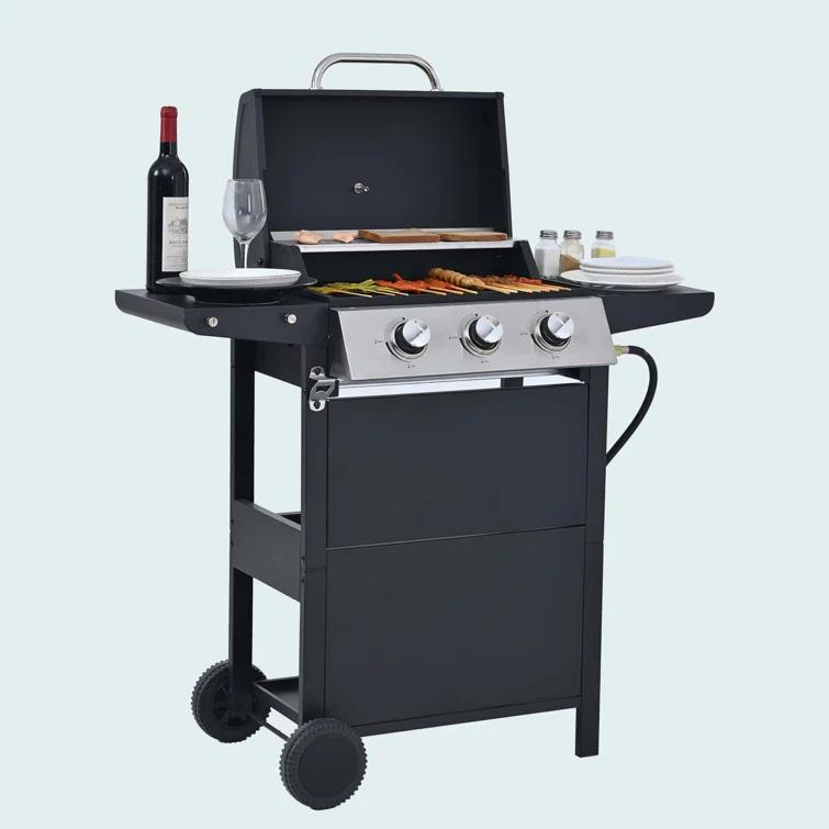 Propane Gas Grill 4 Burner Barbecue Grill, Stainless Steel 34,000 BTU Patio Garden Barbecue Grill With Two Shelves, Lid, Wheels And Bottle Opener
