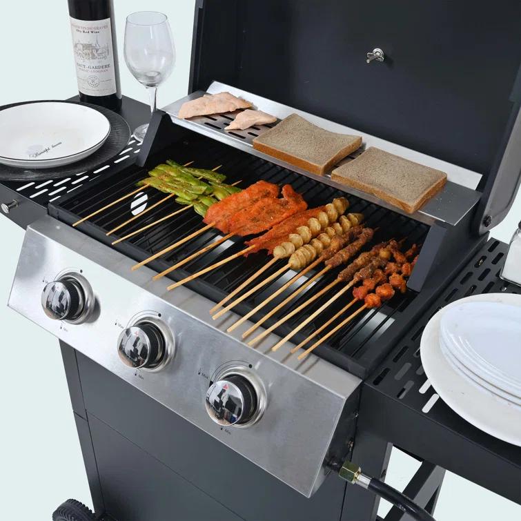 Propane Gas Grill 4 Burner Barbecue Grill, Stainless Steel 34,000 BTU Patio Garden Barbecue Grill With Two Shelves, Lid, Wheels And Bottle Opener
