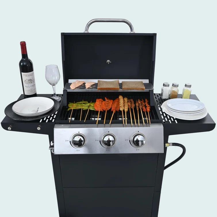 Propane Gas Grill 4 Burner Barbecue Grill, Stainless Steel 34,000 BTU Patio Garden Barbecue Grill With Two Shelves, Lid, Wheels And Bottle Opener