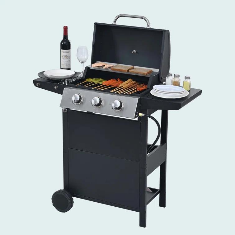 Propane Gas Grill 4 Burner Barbecue Grill, Stainless Steel 34,000 BTU Patio Garden Barbecue Grill With Two Shelves, Lid, Wheels And Bottle Opener