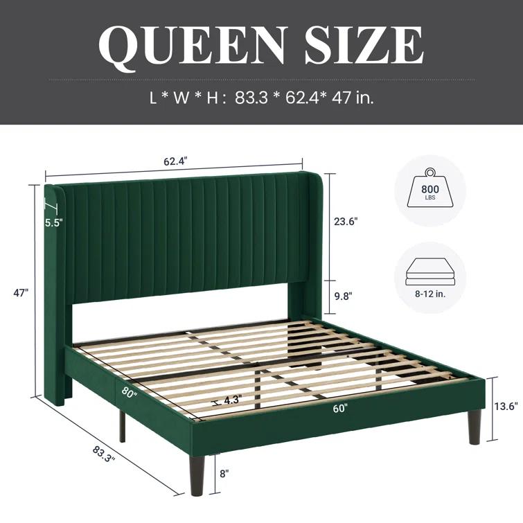 Candler Velvet Upholstered Platform Bed with Wingback Headboard and Wooden Slats