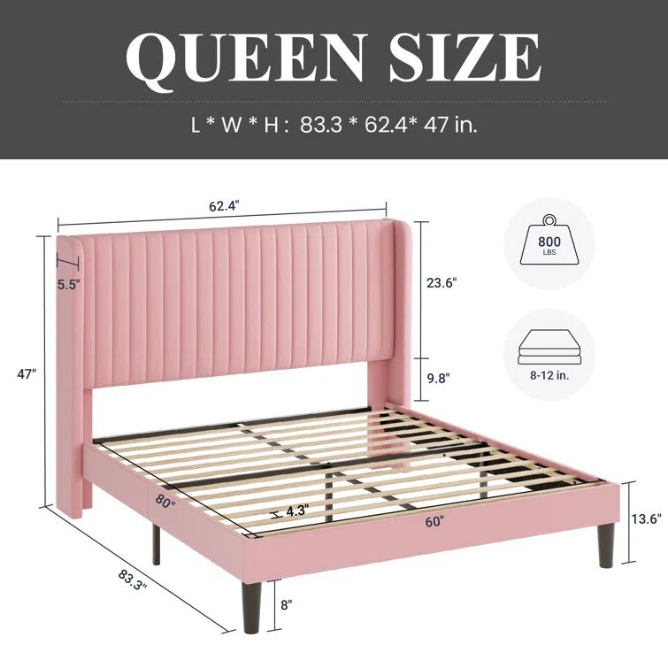 Candler Velvet Upholstered Platform Bed with Wingback Headboard and Wooden Slats