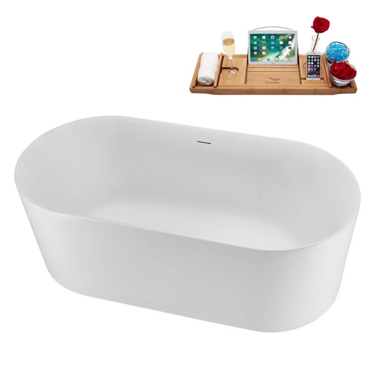 59" Streamline Soaking Freestanding Tub and Tray With Internal Drain