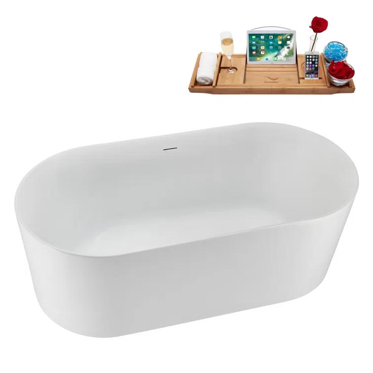 59" Streamline Soaking Freestanding Tub and Tray With Internal Drain