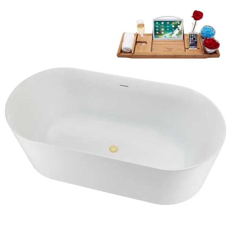 59" Streamline Soaking Freestanding Tub and Tray With Internal Drain