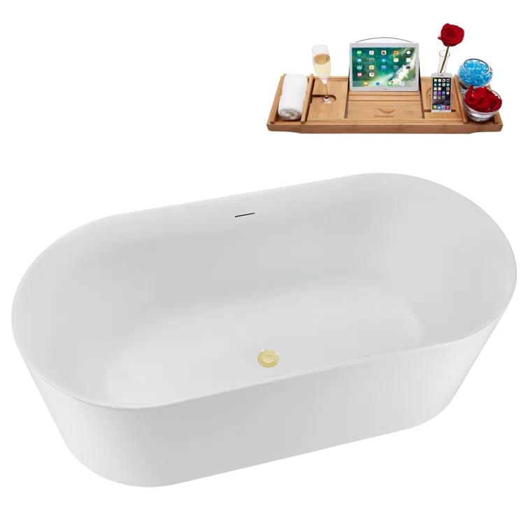 59" Streamline Soaking Freestanding Tub and Tray With Internal Drain