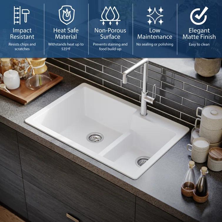 Karran Quartz 33'' X 22'' 60/40 Double Bowl Drop-in Kitchen Sink