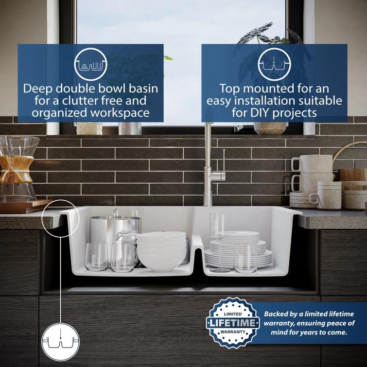 Karran Quartz 33'' X 22'' 60/40 Double Bowl Drop-in Kitchen Sink