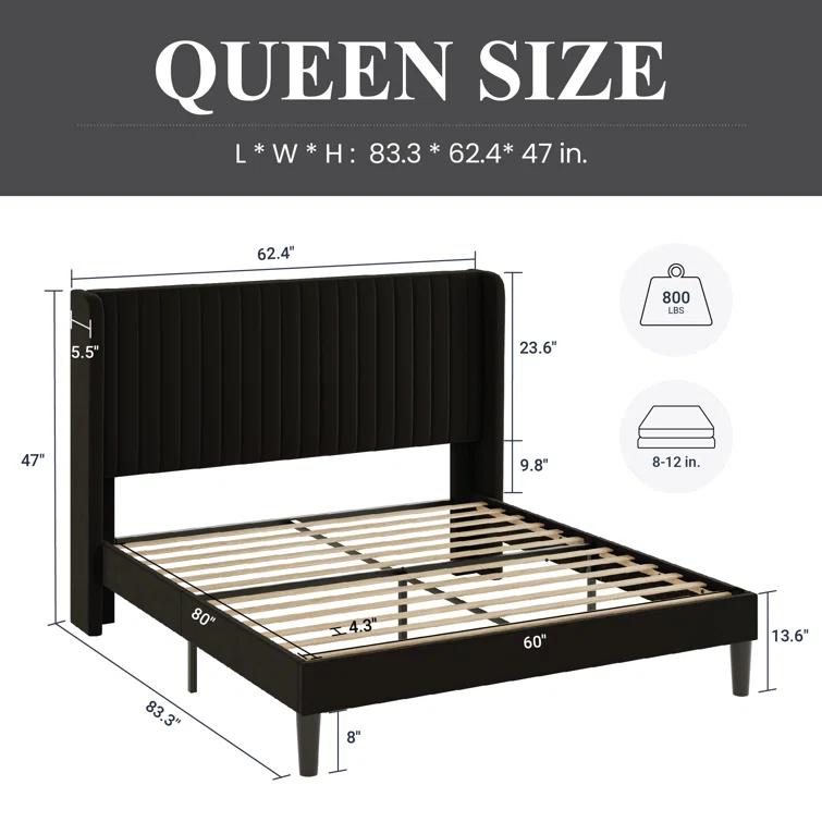 Candler Velvet Upholstered Platform Bed with Wingback Headboard and Wooden Slats