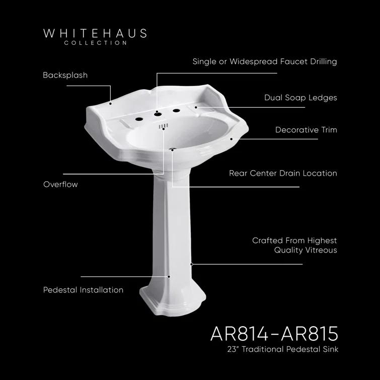 Whitehaus Collection 23" Traditional Pedestal With An Integrated Small Oval Bowl, Backsplash, Dual Soap Ledges, And Decorative Trim