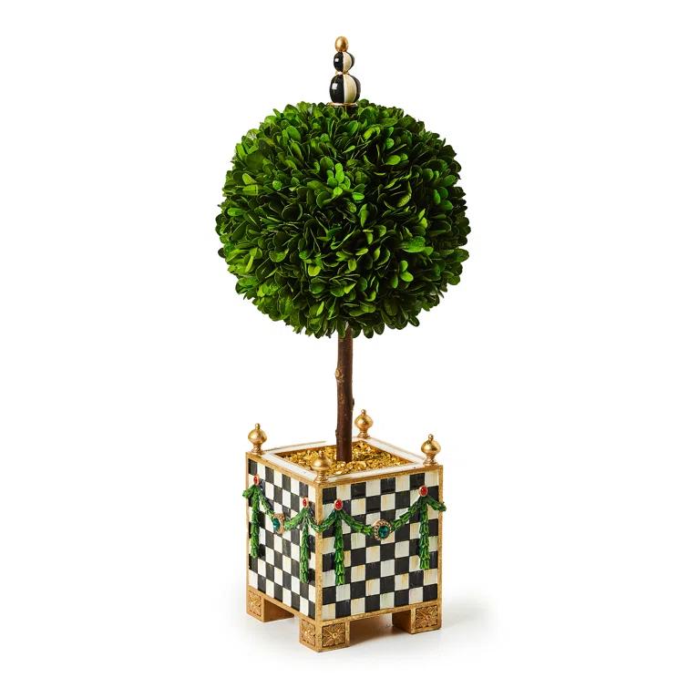Emerald Green Boxwood Topiary with Checkered Base
