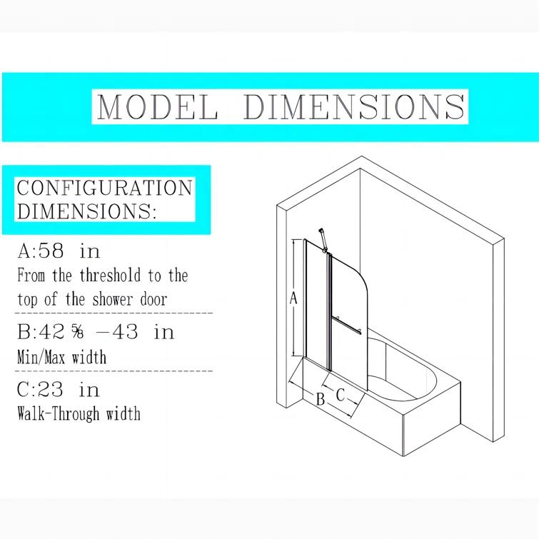 43"W x 58"H Frameless Folding Pivot Bathtub Door with 6mm Thick Clear Tempered Glass Door
