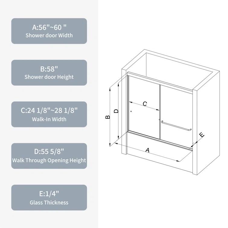 Bathtub Bypass Shower Door, Sliding Door, With 1/4" Tempered Glass