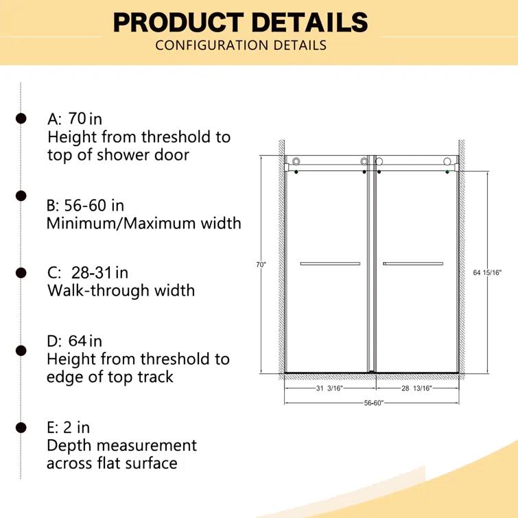 LOONGFIELD ASTARQ-W2011S00002 56"-60"W X 70"H Frameless Shower Door, Double Sliding Shower Door, 5/16"(8Mm) Laminated Glass Premium Tempered Glass Shower Enclosure,Double Side Easy Clean Coat Finished With Buffer