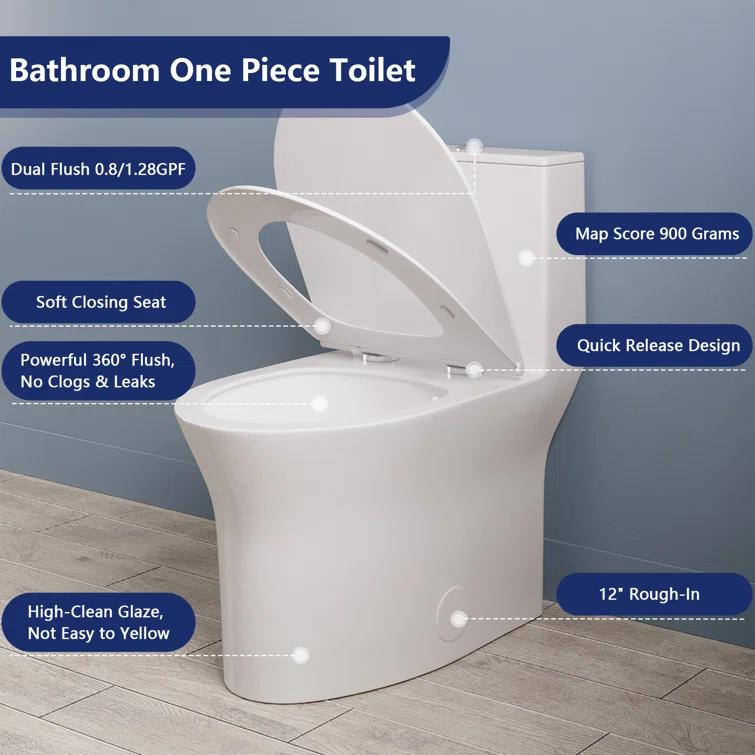 One Piece Toilet For Bathroom, Modern Bathroom Toilet with Dual Flush 1.1/1.6 Gpf Fully Skirted Toilets(Soft Close Seat)
