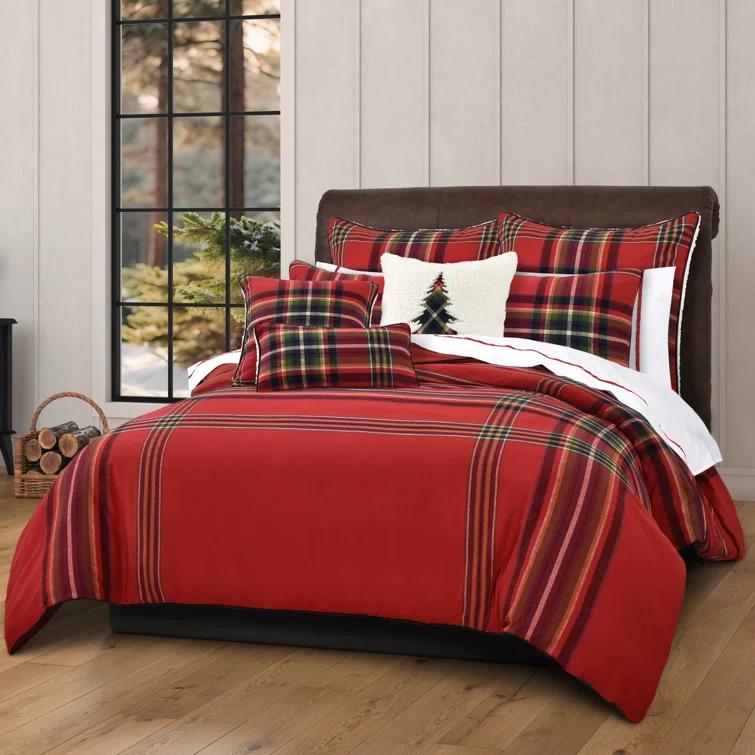Queen Red Plaid Cotton Holiday Bedding Set