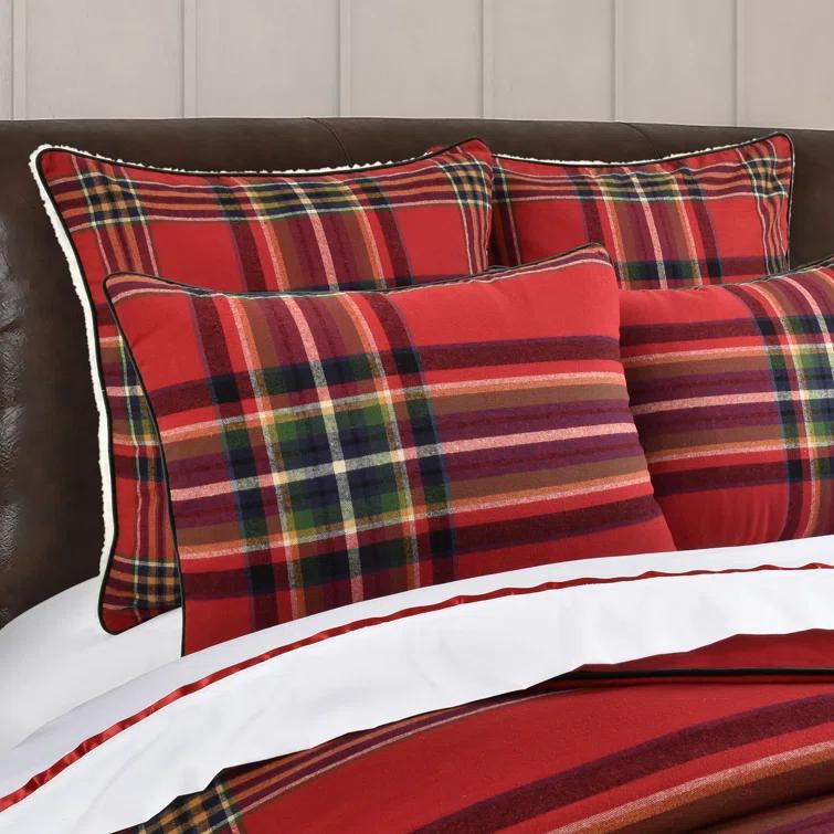Queen Red Plaid Cotton Holiday Bedding Set