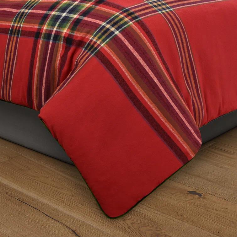 Queen Red Plaid Cotton Holiday Bedding Set