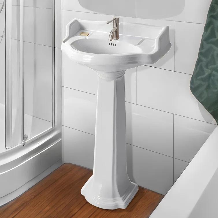 Whitehaus Collection 23" Traditional Pedestal With An Integrated Small Oval Bowl, Backsplash, Dual Soap Ledges, And Decorative Trim