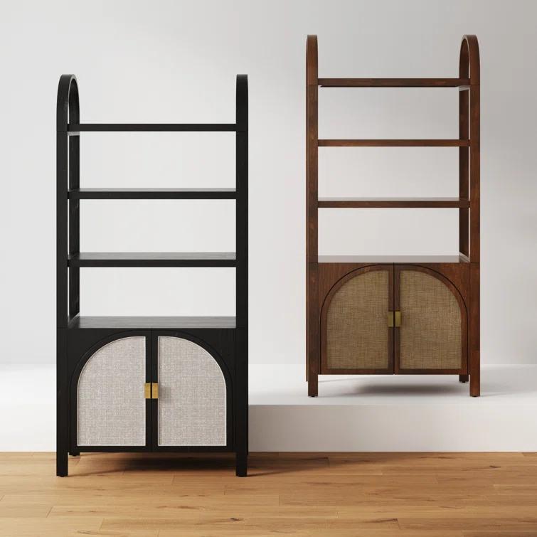 Boho 3-Shelf Bookshelf Cabinet With Rattan Doors