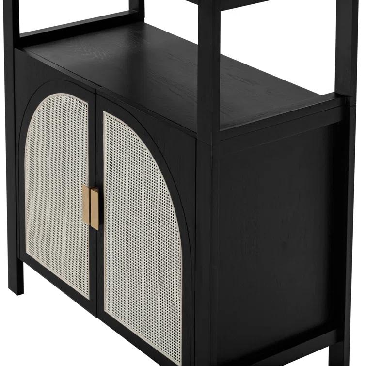 Boho 3-Shelf Bookshelf Cabinet With Rattan Doors