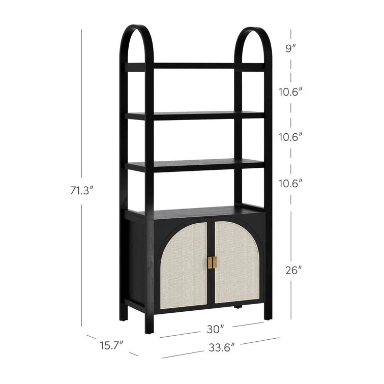 Boho 3-Shelf Bookshelf Cabinet With Rattan Doors