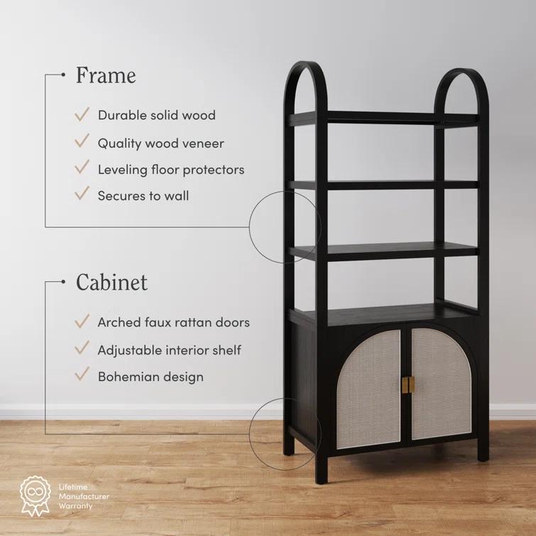 Boho 3-Shelf Bookshelf Cabinet With Rattan Doors