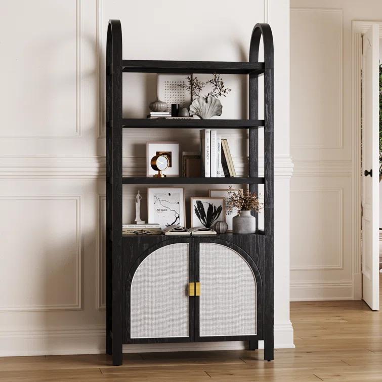 Boho 3-Shelf Bookshelf Cabinet With Rattan Doors