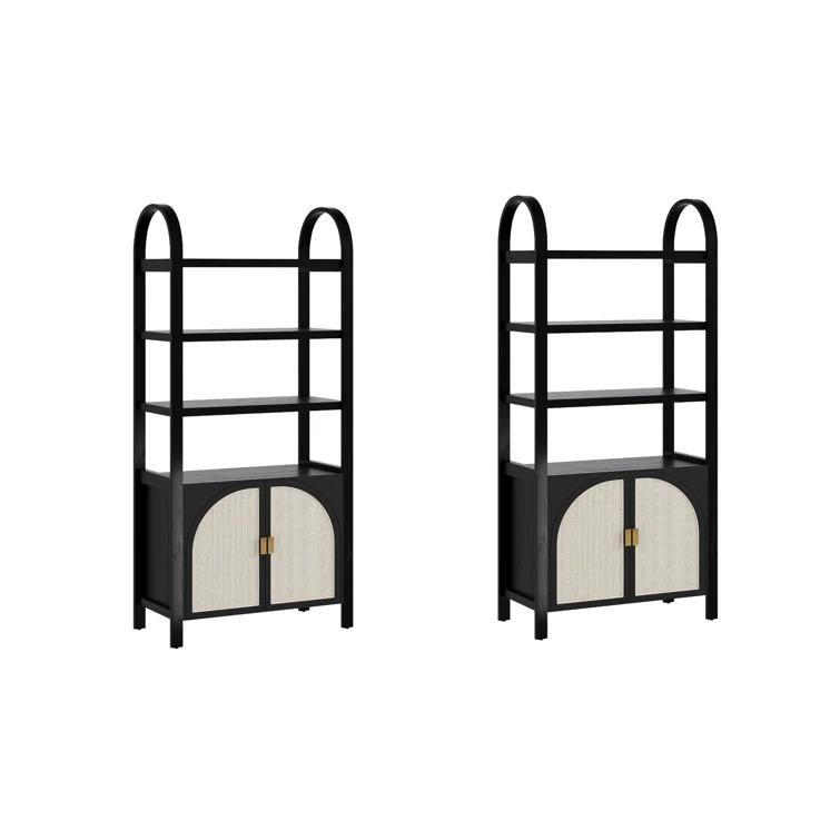 Boho 3-Shelf Bookshelf Cabinet With Rattan Doors