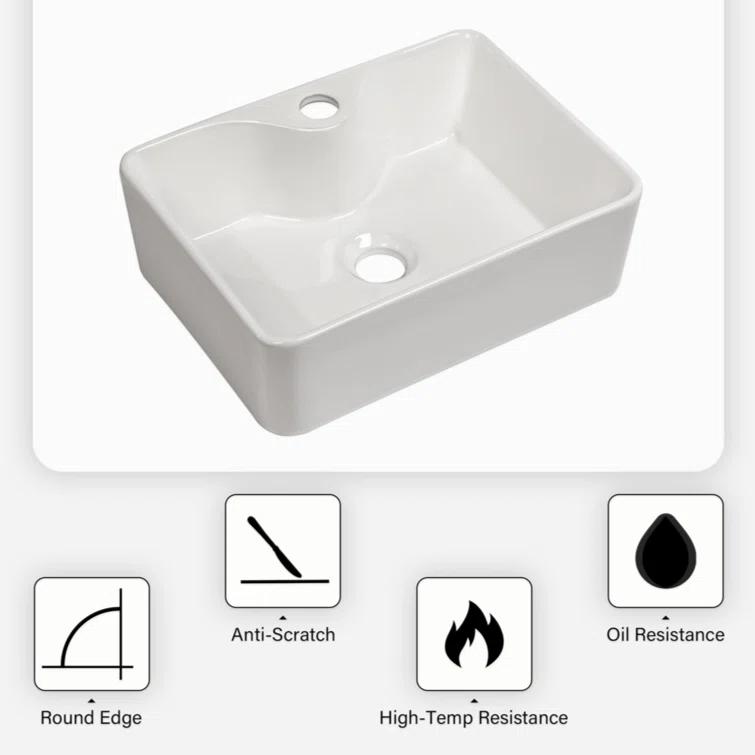 Lordear H-LMP1612L 16" x 12" Bathroom Vessel Sink Rectangular Above Counter White Ceramic Vessel Sink with Faucet Hole