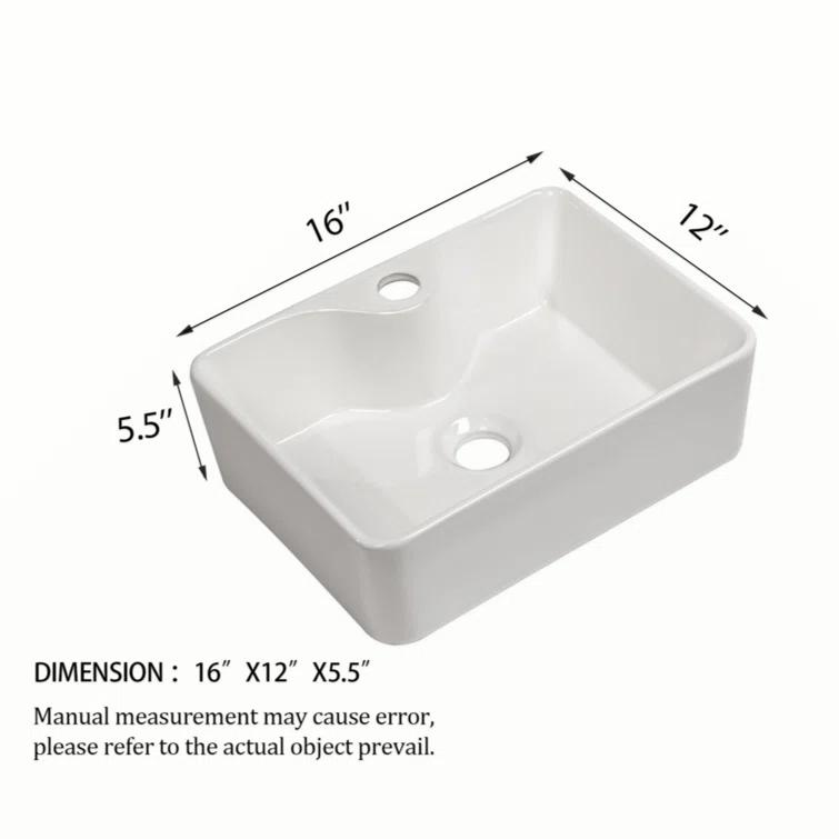 Lordear H-LMP1612L 16" x 12" Bathroom Vessel Sink Rectangular Above Counter White Ceramic Vessel Sink with Faucet Hole