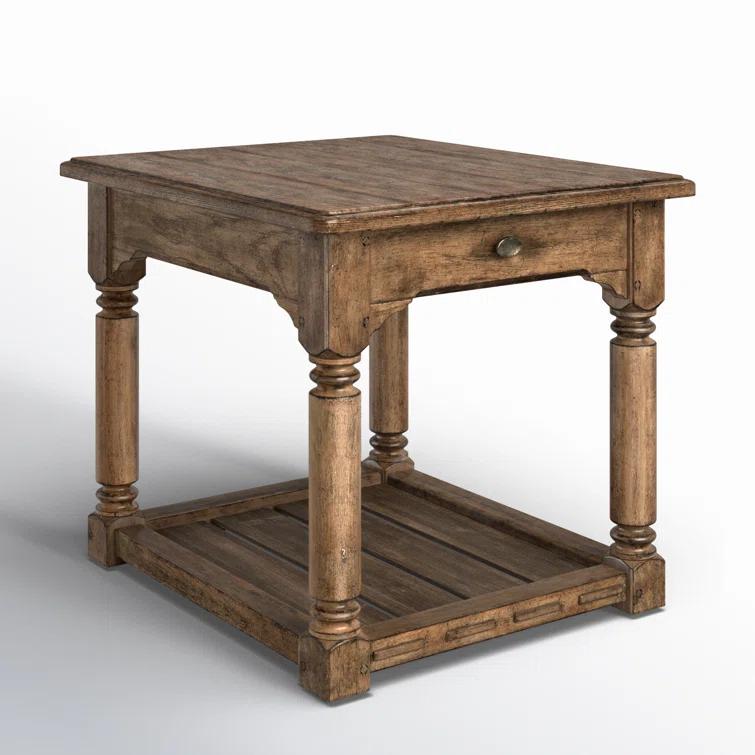 Rustic Brown Oak Veneer End Table with Metal Hardware