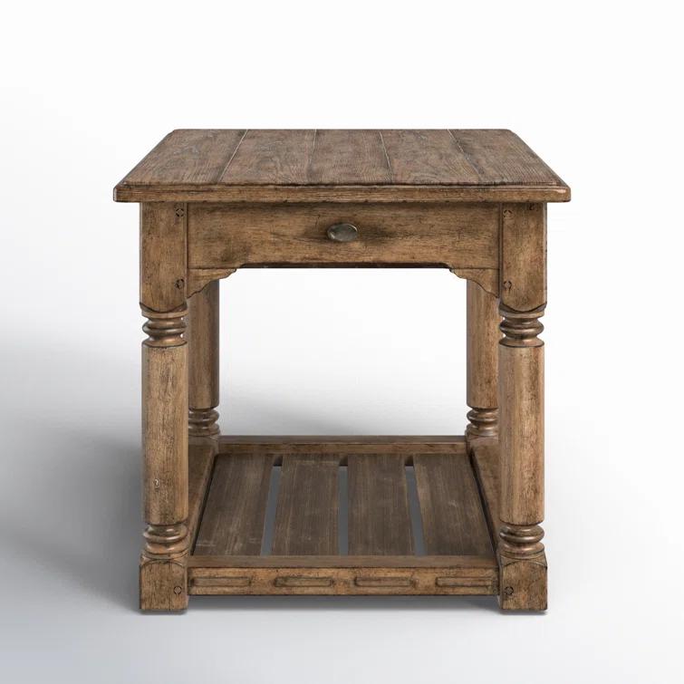 Rustic Brown Oak Veneer End Table with Metal Hardware