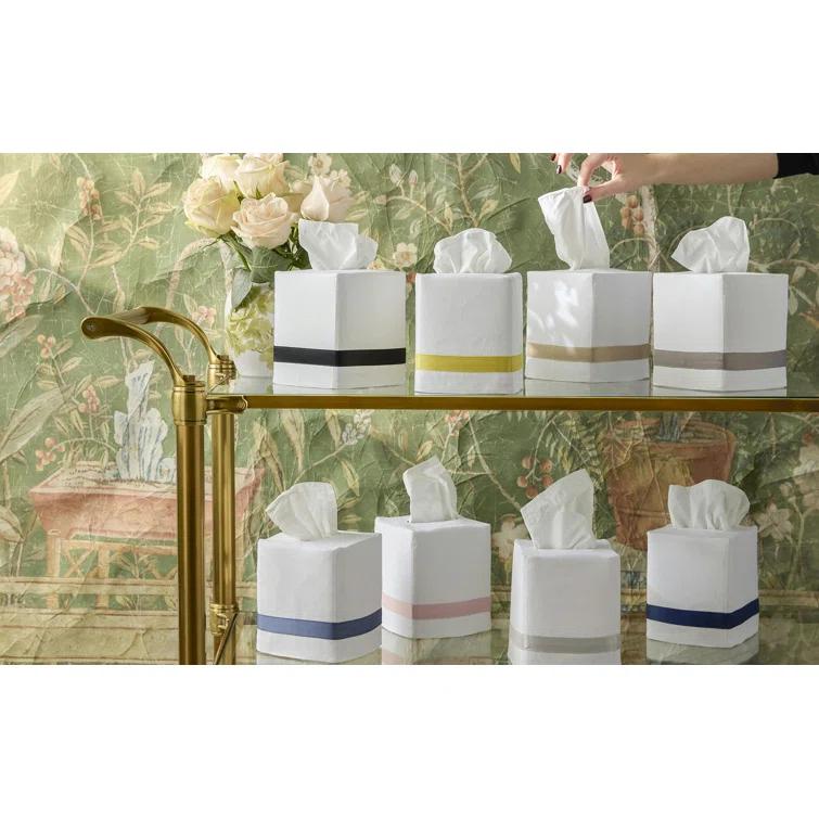 Opal White Linen Tissue Box Cover with Sateen Trim