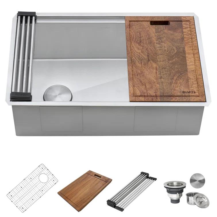 Ruvati 27-inch Workstation Slope Bottom Offset Drain Undermount 16 Gauge Kitchen Sink