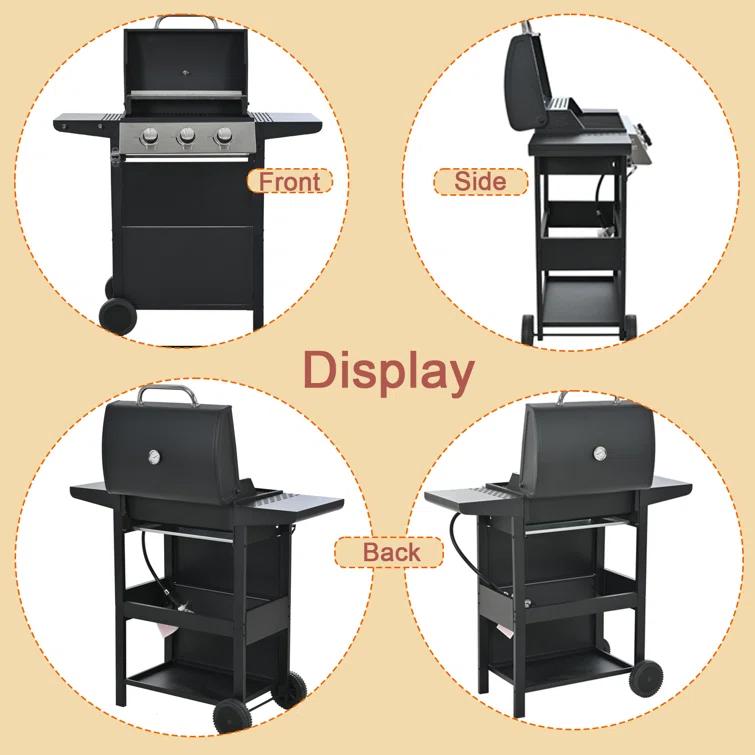 Portable 26,000 BTU Propane Grill, 3 Burners with Wheels, Lid, Shelves & Bottle Opener