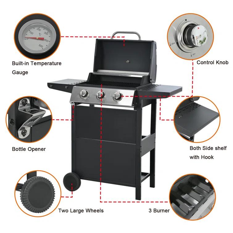 Portable 26,000 BTU Propane Grill, 3 Burners with Wheels, Lid, Shelves & Bottle Opener