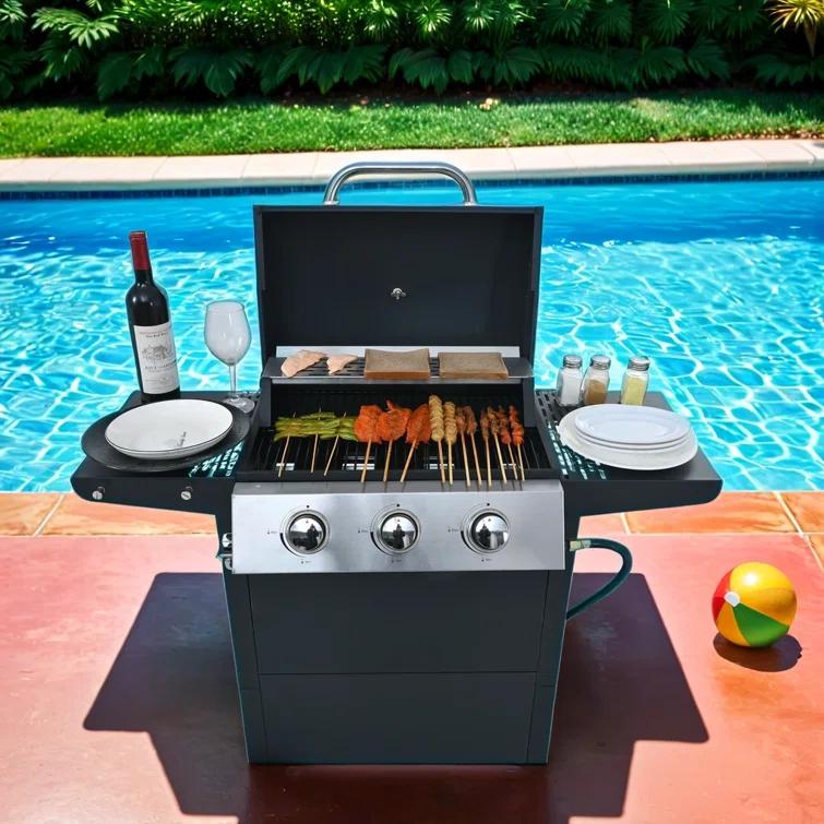 Portable 26,000 BTU Propane Grill, 3 Burners with Wheels, Lid, Shelves & Bottle Opener