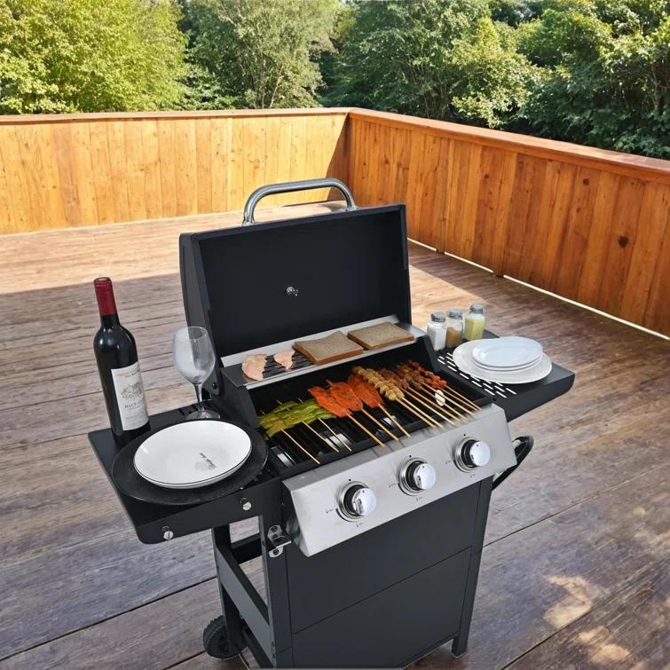 Portable 26,000 BTU Propane Grill, 3 Burners with Wheels, Lid, Shelves & Bottle Opener