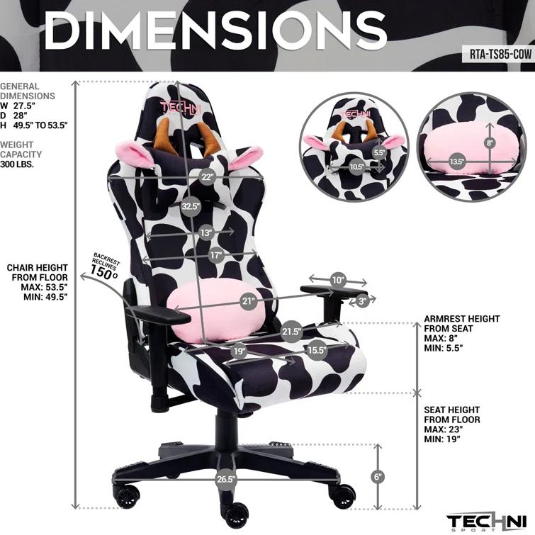 Ts85 Cow Print Luxx Series Gaming Chair Cow - Techni Sport: Velvet Upholstery, Memory Foam, Adjustable