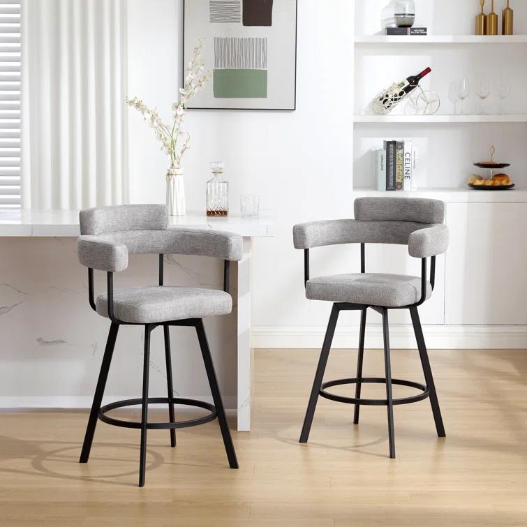 Rabassa Swivel Upholstered 26" Linen Counter Stool with Curved Wing Back and Metal Frame