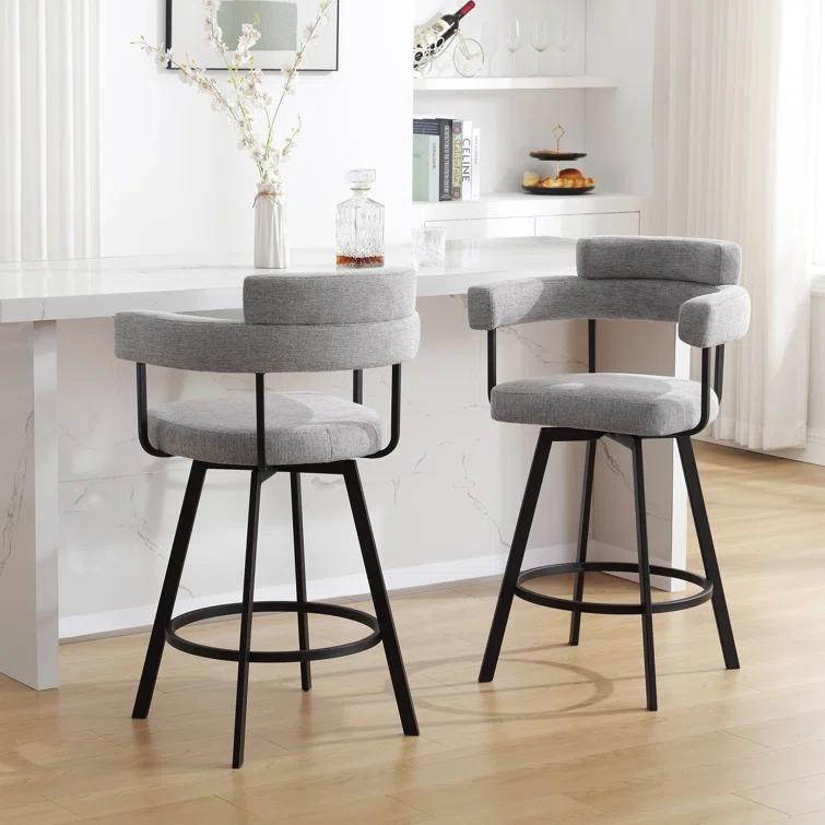 Rabassa Swivel Upholstered 26" Linen Counter Stool with Curved Wing Back and Metal Frame